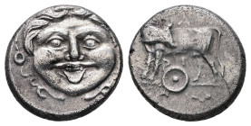 Mysia, Parion. AR Hemidrachm, 2.30 g 13.71 mm. 4th century BC.
Obv: Facing gorgoneion.
Rev: ΠΑ / ΡΙ. Bull standing left, head reverted. Below, Θ.
Ref:...