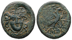 Mysia, Parion. Ae, 6.94 g 21.62 mm. Circa 2nd-1st centuries BC.
Obv: Facing gorgoneion; uncertain countermark.
Rev: ΠΑ - ΡΙ / ANΩN. Eagle standing rig...