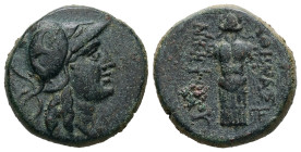 Mysia, Pergamon. Ae, 6.63 g 19.82 mm. Mid-late 2nd century BC.
Obv: Helmeted head of Athena right.
Rev: ΑΘΗΝΑΣ ΝΙΚΗΦΟΡΟY. Trophy consisting of helmet ...