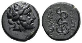 Mysia, Pergamon. Ae, 4.53 g 16.17 mm. Mid-late 2nd century BC.
Obv: Laureate head of Asklepios right.
Rev: AΣKΛHΠIOY / ΣΩTHPOΣ. Serpent-entwined staff...