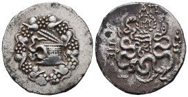 Mysia, Pergamon. AR Cistophoric Tetradrachm, 12.18 g 26.75 mm. Circa 133-67 BC.
Obv: Cista mystica with serpent; all within ivy wreath.
Rev: Bow case ...