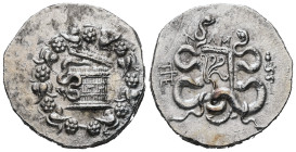 Mysia, Pergamon. AR Cistophoric Tetradrachm, 12.34 g 25.47 mm. Circa 166-67 BC.
Obv: Cista mystica with serpent left; all within ivy wreath.
Rev: Bow ...