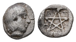 Mysia, Pitane. AR Hemiobol, 0.42 g 7.96 mm. 4th-3rd century BC. 
Obv: Youthful male head to right. 
Rev: ΠI-T-A-N-A Pentagram. 
Ref: CNG 84 (2010), 61...