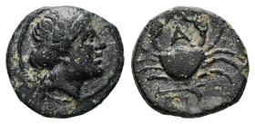 Mysia, Priapos. Ae, 1.19 g 11.61 mm. 4th century BC.
Obv: Laureate head of Apollo right
Rev: Crab; A above, harpa below.
Ref:SNG Arikantürk 1096–101.
...