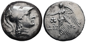 Pamphylia, Side. AR Tetradrachm, 16.63 g 29.00 mm. Deino -, magistrate. Circa 205-100 BC.
Obv: Helmeted head of Athena right.
Rev: ΔΕΙ - ΝΟ. Nike adva...