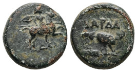 Troas, Dardanos. Ae, 3.32 g 14.30 mm. 3rd century BC. 
Obv:Horseman, wearing petasos and chlamys, riding to right; monogram below horse 
Rev: Cock sta...