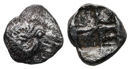 Troas, Kebren. AR Obol, 1.01 g 10.09 mm. 5th century BC.
Obv: KEBREN, Head of ram right.
Rev:Quadripartite incuse square.
Ref:SNG Ashmolean 1081.
Fine