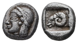 Troas, Kebren. AR Diobol, 1.25 g 9.44 mm. Circa 450 BC.
Female head to left, wearing disc earring and necklace, her hair bound with a band
Rev: Ram's ...