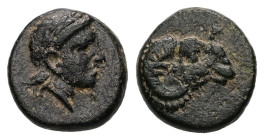 Troas, Kebren. Ae, 1.01 g 9.40 mm. Circa 387-310 BC.
Obv: Laureate head of Apollo right.
Rev: Head of ram right; K above.
Ref: SNG Copenhagen 263-4 va...