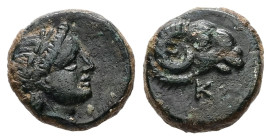 Troas, Kebren. Ae, 1.02 g. - 9.90 mm. Circa 387-310 BC.
Obv.: Laureate head of Apollo right.
Rev.: Ram’s head right; K below.
Ref.: SNG München 287; S...