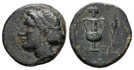 Troas, Larissa-Ptolemais. Ae, 4.32 g 17.96 mm. Circa 3rd century BC.
Obv: Female head left
Rev: Amphora; ΛΑ-ΡΙ across lower fields, kerykeion to left,...