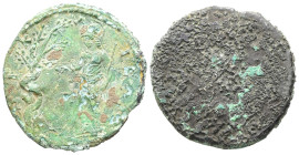 Bithynia, Nicaea. Time of Marcus Aurelius, AD 161–180. AE. 11.60 g. 28.26 mm.
Obv: [ ]; obv. image obscure.
Rev: ΝΙΚΑΙΕΩΝ. Athena standing, left, feed...