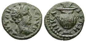 Bithynia, Nicaea. Caracalla, AD 198–217. AE. 1.92 g. 14.89 mm.
Obv: ΑΝΤΩΝΕΙΝΟC ΑΥΓ. Laureate head of Caracalla, right.
Rev: ΝΙΚΑΙΕΩΝ. Two handled agon...