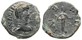 Troas, Ilium. Julia Domna, AD 193–217. AE. 3.66 g. 19.89 mm.
Obv: IOY ΔOMNA CEBA. Bust of Domna, right.
Rev: IΛIEΩN. Cult statue of Athena of Ilium st...