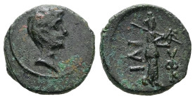 Troas, Ilium. Augustus, 27 BC-AD 14. AE. 2.18 g 14.77 mm.
Obv: Bare head of Augustus, right.
Rev: ΙΛΙ. Athena Ilias, right; to right, monogram of ΑΦΥ....