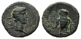 Troas, Ilium. Augustus, 27 BC-AD 14. AE. 1.39 g 14.10 mm.
Obv: IΛI. Bare head of Augustus right.
Rev: Owl standing slightly right, head facing; monogr...