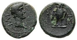 Troas, Ilium. Augustus, 27 BC-AD 14. AE. 1.92 g 13.50 mm.
Obv: IΛI. Bare head of Augustus right.
Rev: Owl standing slightly right, head facing; monogr...