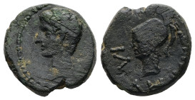 Troas, Ilium. Augustus, 27 BC-AD 14. AE. 3.06 g. 15.37 mm.
Obv: Bare head of Augustus, left.
Rev: ΙΛΙ, ΔΗΜΗΤ. Helmeted head of Athena, left.
Ref: RPC ...