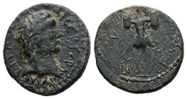 Mysia, Lampsacus. Trajan, AD 98-117. AE. 2.66 g. 16.76 mm.
Obv: ΑΥΤ ΤΡΑΙΑΝΟϹ ΚΑΙϹ ϹΕΒ ΓΕΡΜ. Laureate head of Trajan, right.
Rev: Λ-Ψ/Μ-Α (sic). Trophy...