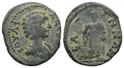 Lydia, Saitta. Julia Domna? AD 193-217. AE. 3.46 g. 20.03 mm.
Obv: IOYΛIA CEB[…]. Draped bust, right.
Rev: CAITTHNΩN. Asclepius standing facing, head ...