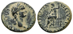 Phrygia, Grimenothyrae. Domitian, AD 81-96. AE. 3.65 g. 18.28 mm.
Obv: ΔΟΜΙΤΙΑΝΟΝ ΚΑΙϹΑΡΑ. Laureate head of Domitian, right.
Rev: ΦΛΑΟΥΙΩΝ ΓΡΙΜΕΝΟΘΥ...