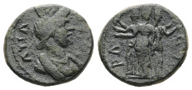 Phrygia, Apameia. Pseudo-autonomous issue, AD 2nd–3rd century. AE. 2.32 g. 14.99 mm.
Obv: ΑΠΑΜΕΙΑ. Draped bust of Tyche of Apameia right, wearing mura...