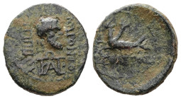 Caria, Trapezopolis. Pseudo-autonomous, Time of Augustus. AE. 2.64 g. 16.23 mm.
Obv: ΑΝΔΡΟΝΙΚΟΣ ΓΟΡΓΙΠΠΟΥ. Bearded head of Silenus (?), right; monogra...