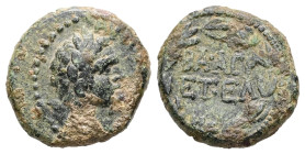 Syria, Caesarea Paneas. Domitian, AD 83–84. AE. 2.80 g. 14.87 mm.
Obv: ΑΥΤ[Ο ΔΟΜΙΤ]. Laureate head of Domitian, right.
Rev: ΒΑ ΑΓΡ ΕΤ ΕΛ in laurel wre...