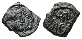 Nabatea. Rabbel II, with Gamilat, AD 70–106. AE. 2.96 g. 16.37 mm.
Obv: Jugate busts of Rabbel and Gamilat, right.
Rev: Crossed cornucopias.
Ref: Mesh...