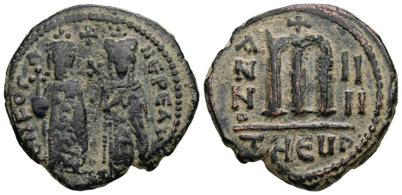 Phocas and Leontia, AD 602-610. AE, Follis. 9.66 g. 28.81 mm. Theoupolis (Antioc...