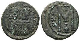 Leo III 'the Isaurian' and Constantine V, AD 717-741. AE, Follis. 5.85 g. 22.36 mm. Constantinople.
Obv: LEOҺ- SC-OҺSƮ. The busts of Leo, with short b...