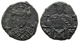 Constantine VI and Irene, AD 780-797. AE, Follis. 1.66 g. 17.68 mm. Constantinople.
Obv: Crowned bust of Irene wearing loros, holding cross on globe a...