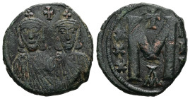 Nicephorus I, AD 802-811. AE, Follis. 4.89 g. 21.73 mm. Constantinople. 
Obv: No legend, crowned busts facing of Nicephorus with short beard, on left ...