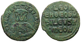 Leo VI the Wise, AD 886-912. AE, Follis. 8.16 g. 25.96 mm. Constantinople.
Obv: + LЄOҺЬAS-ILЄVSROM. Frontal bust of Leo VI with short beard wearing ch...