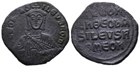 Leo VI the Wise, AD 886-912. AE, Follis. 6.21 g. 25.97 mm. Constantinople.
Obv: + LЄOҺЬAS-ILЄVSROM. Frontal bust of Leo VI with short beard wearing ch...