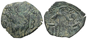 Michael VIII Palaeologus, AD 1261-1282. AE, Trachy. 1.84 g. 23.99 mm. 
Obv: The Virgin, nimbate, standing facing slightly to left, orans; across field...