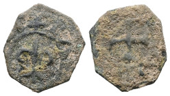 Crusaders. Principality of Antioch. Bohémond IV-V, AD 1233-1251. AE, Pougeoise. 0.80 g. 14.38 mm.
Obv: Fleur-de-lis; pellets in the upper and lower qu...