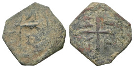 Crusaders. Anonymous, C. 12th-13th centuries. AE, Follis. 1.03 g. 15.81 mm. Antioch.
Obv: A/N/T/V. Retrograde in angles of long cross pattée. 
Rev. A/...