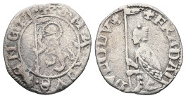 Italy. Venice. Francesco Dandolo, AD 1328-1339. AR, Soldino. 0.70 g. 17.08 mm. 
Obv: FRA DANDVLO DVX. Doge kneeling left, holding banner.
Rev: S MARCV...