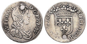 France. Guillaume Henri de Nassau, AD 1650-1702. 1/12 Écu. 2.15 g. 20.57 mm. 
Obv: GVIL HNR D G PRI AV. Draped bust right.
Rev: 1661 / SOLI DEO HONOR ...