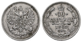 Russia Empire. Alexander II, AD 1860-1866. AR, 10 Kopeck. 1.97 g. 17.63 mm. St. Petersburg. 
Obv: Crown over two-headed eagle.
Rev: 10 / КОПѢЕКЪ / 186...