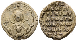 PB Byzantine seal of Leontios, patrikios, hypatos (AD 11th-12th centuries).
Obv: Bust of the Virgin orans with the medallion. Sigla: Μή(τη)ρ Θ(εο)ῦ. ...