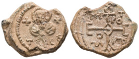 PB Byzantine seal of Eustathios, metropolitan bishop of Tarsos (AD 7th century)
Obv: Nimbate and draped bust of Saint Paul facing; to left and right,...