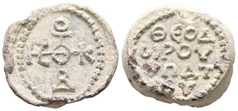 PB Byzantine seal of Theodore hypatos (AD 7th – 8th centuries)
Obv: Cruciform i...