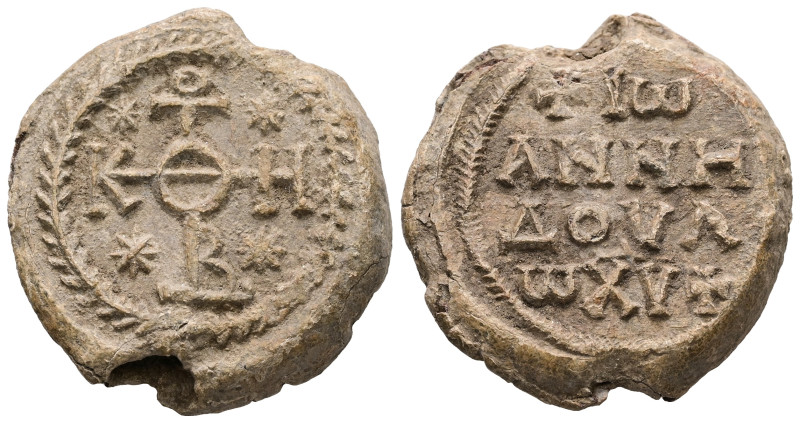 PB Byzantine seal of Ioannes (AD 8th-9th centuries).
Obv: Cruciform invocative ...