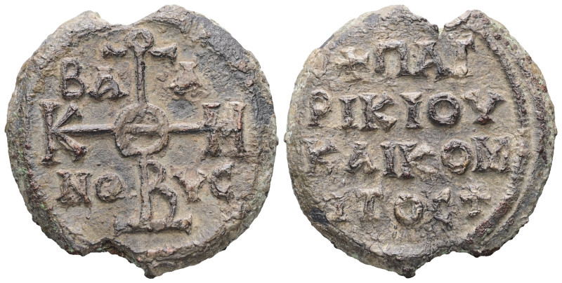 PB Byzantine seal of Baanes, patrikios and komes.  (AD 8th century).
Obv: Cruci...