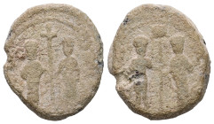 PB Byzantine tetarteron. Alexius I Comnenus, with Irene and John II (AD 1081–1118)
Obv: Legend illegible. Full-length figures of Demetrius, on the le...