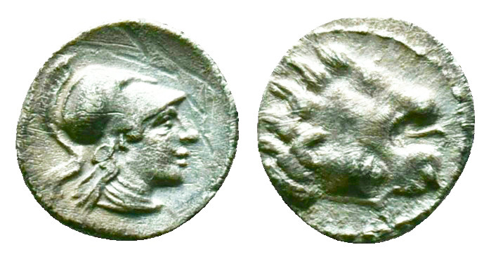 Greek Coins, 
Pamphylia, Side. Ca. 370-360 B.C. AR obol. Helmeted head of Athena...