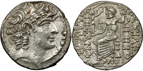 SELEUKID KINGS of SYRIA. Philip I Philadelfos. AR Silver. Obv.: diademed head of King right. Rev.: Zeus seated left, holding Nike in his right hand an...