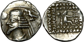 Kings of Parthia. Phraates IV. A drachm. Obverse: Diademed bust of Phraates left; eagle with wreath in beak above to right. Rev. ΒΑΣΙΛΕΩΣ ΒΑΣΙΛΕΩΝ AP ...